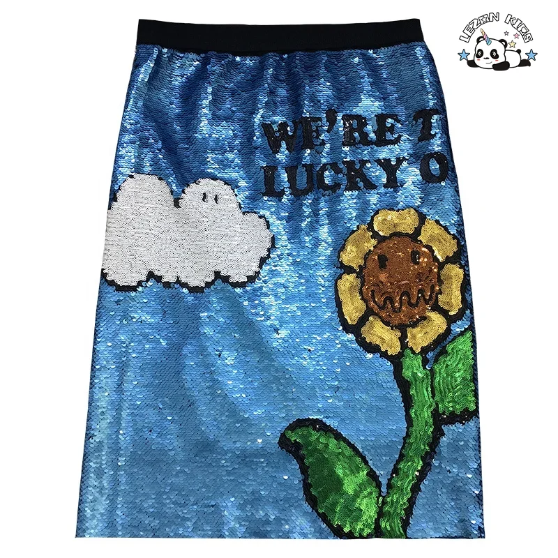LEZONKIDS - 2024 New Style Summer Sunflower Blue Silver  Flipping Sequin A-line Cute Girls Skirt for Daily Wear